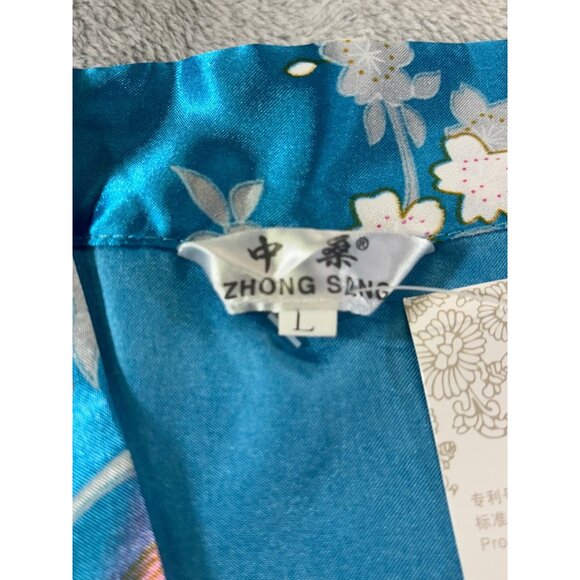 Zhong Sang Kimono Women's Large Long Blue Peacock & Floral Print Twisting Satin - Picture 2 of 11